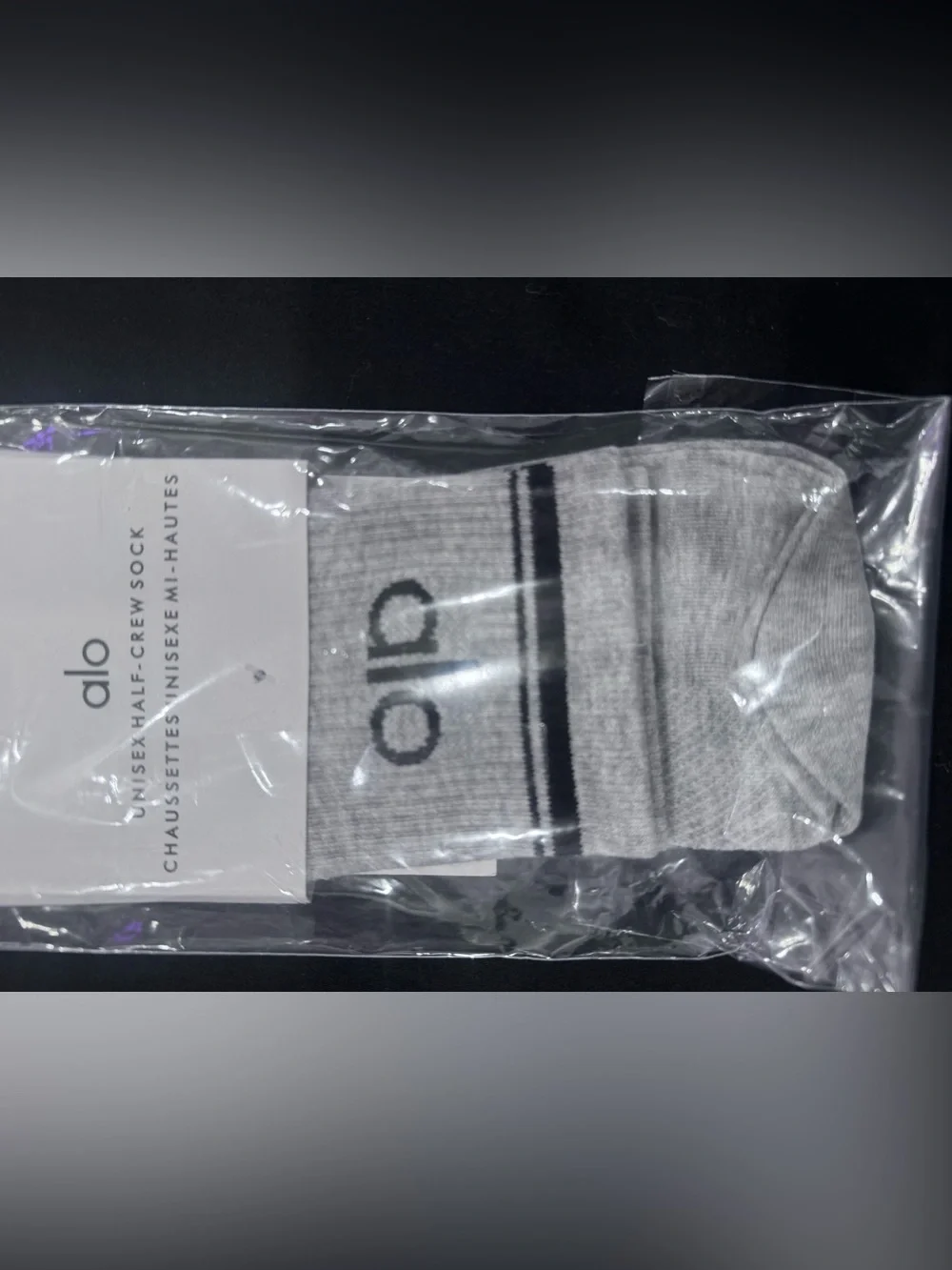 ALO Yoga Grey Crew Socks with Black Logo Stripe